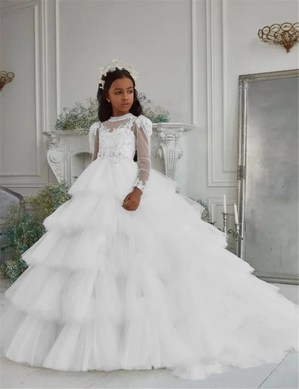 Customized White Flower Girl Dresses Tulle Tiered Flory with Tailing Long Sleeve for Wedding Birthday Party First Communion Gown