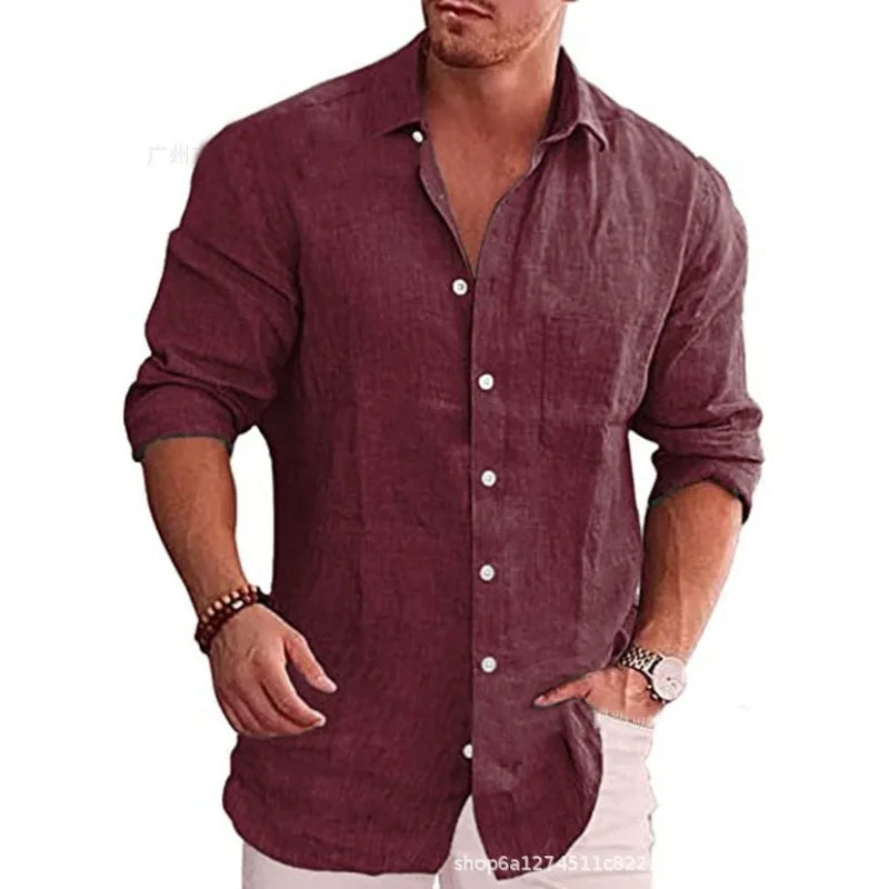 Men's Loose Solid Color Shirt Linen Lapel Long Sleeve Casual