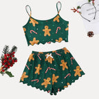 Santa Print Women's Sleepwear Soft Christmas Festival Cute Gingerbread Print 2 Pieces Pajama Set Crop Tops and Shorts Loungewear