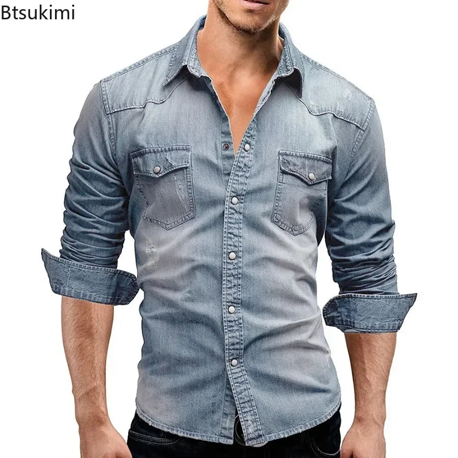 New 2026 Men's Denim Shirt Fashion Short Sleeve Soft Solid Slim Cowboy Tops Men Trend Streetwear Vintage Casual Cardigan T-shirt