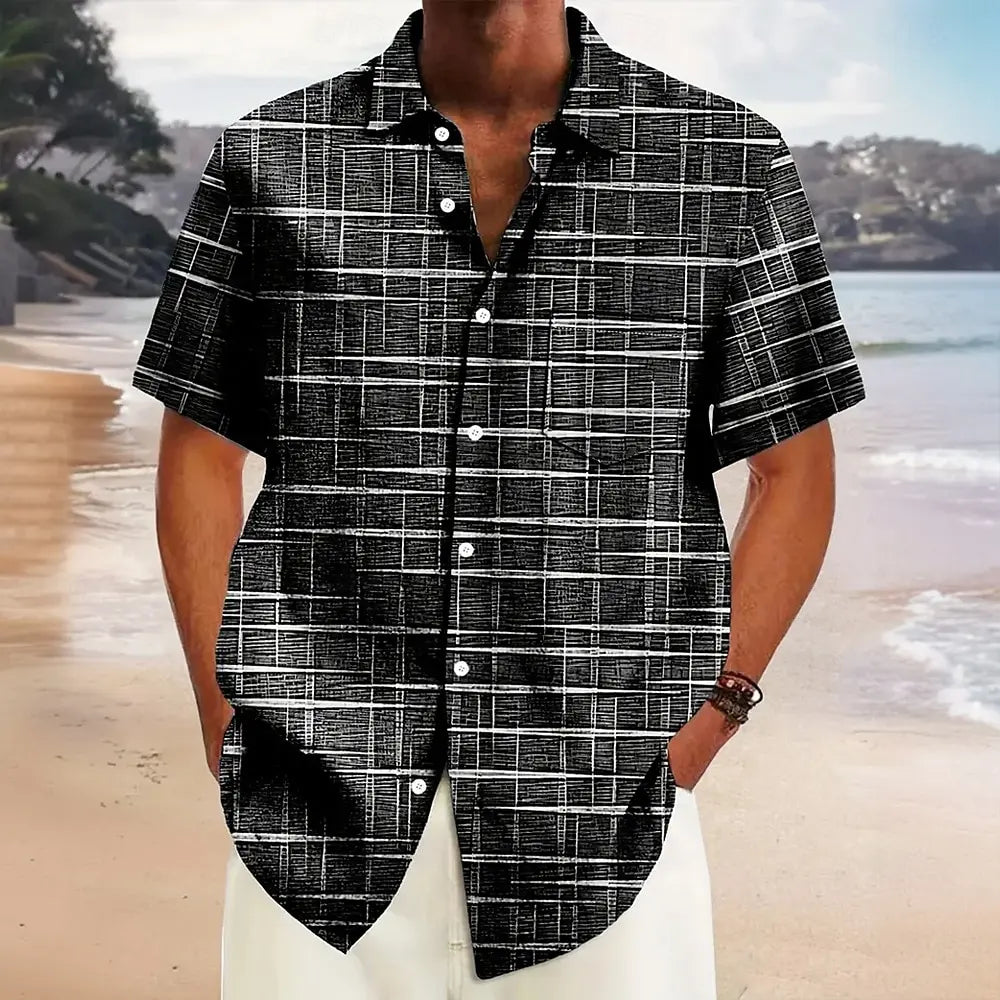 Hawaiian men's summer designer shirts casual short sleeves lapel short sleeves 3d casual plaid stripe pattern tops three colors