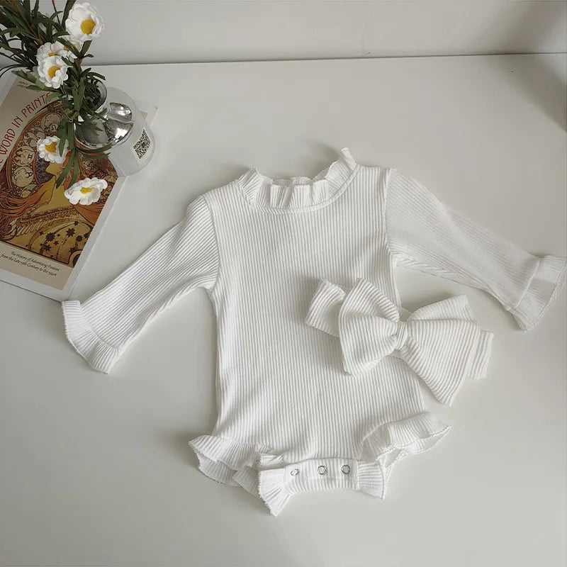 New Spring and Autumn Pit Stripe Rompers for Infants and Young Children Headband Set Girls Baby Bodysuits