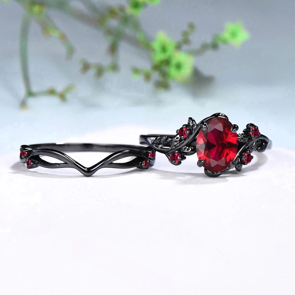 Two-piece Set Classic Gun Black Rose Branches Ring Women's Vintage Inlaid Red Cubic Zircon Finger Rings Fashion wedding Jewelry