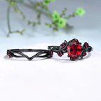 Two-piece Set Classic Gun Black Rose Branches Ring Women's Vintage Inlaid Red Cubic Zircon Finger Rings Fashion wedding Jewelry