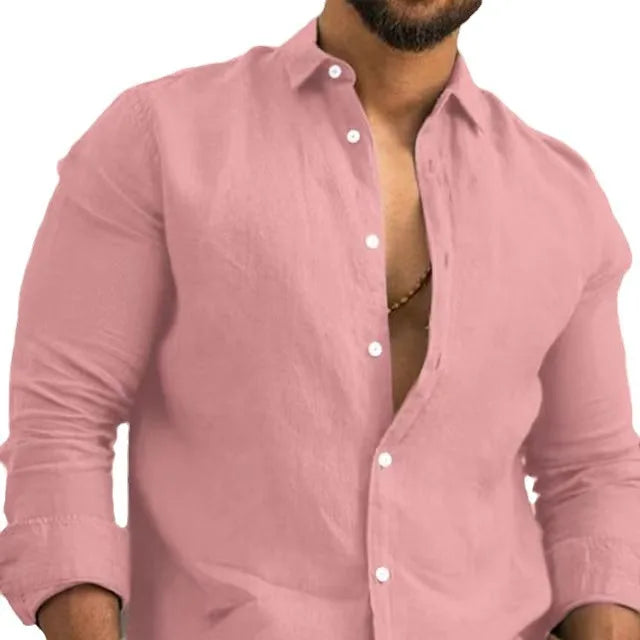 Solid Color Cotton Linen Plain Shirt Men Classic Button-up Lapel Long Sleeve Shirts Spring/ Summer Fashion Loose Mens Top Shirts