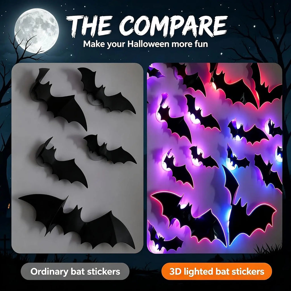 Glow in The Dark 3D Bat Wall Stickers Removable PVC Halloween Decor with 3 Sizes Easy Peel Stick for Windows Home Party Supply