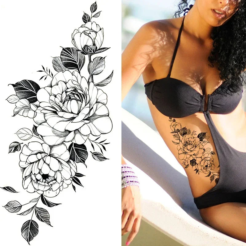 Women Sexy Temporary Tattoo Stickers Black Roses Pattern Full Flower Design Used for Arm Body Art Big Large Fake Tattoo Stickers