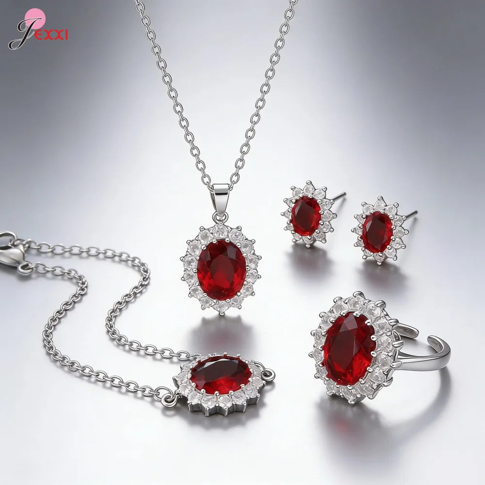 4Pcs Luxury Jewelry Set For Women Oval Cut Red Blue Purple Green Zircon Necklace Earrings Bracelet Ring 925 Silver Fashion Gift