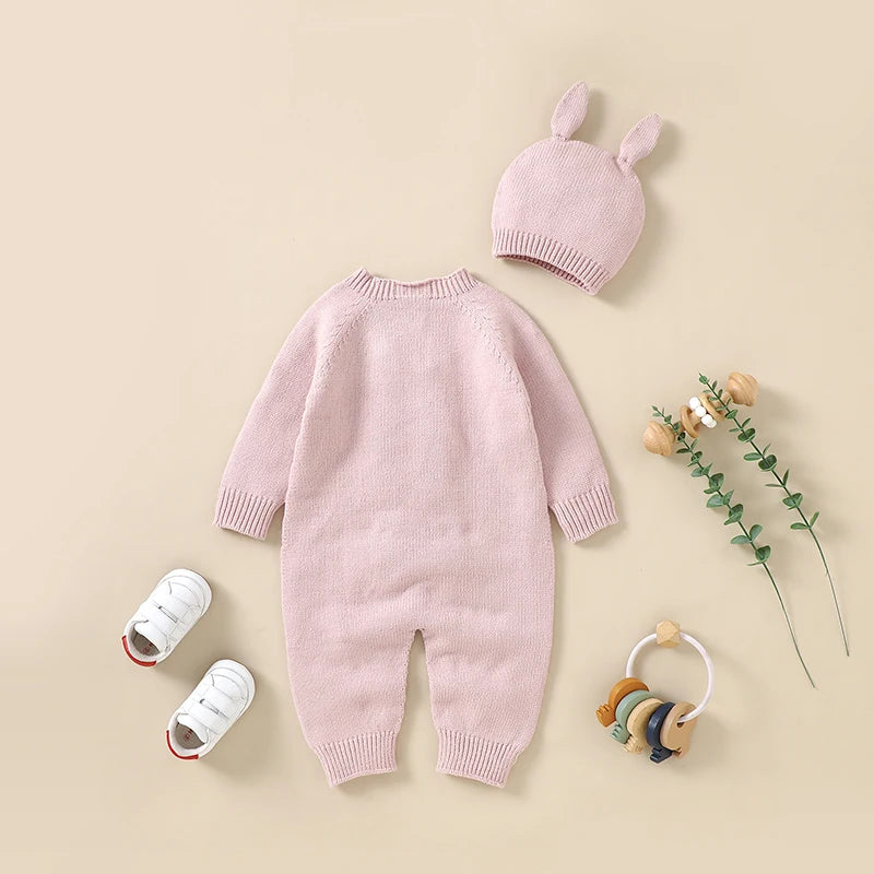 Infant Baby Rompers Knit Newborn Girl Boy Jumpsuit Long Sleeve Autumn Toddler Child Clothes Hat 0-18M Fashion Solid 2PC Overalls