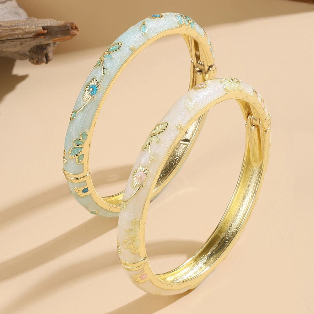 Jardme 4Pcs Set Bracelet For Women Vintage Small Flower Cloisonne Enamel Bangles Elegant Ethnic Style Women's Jewelry Set Gifts