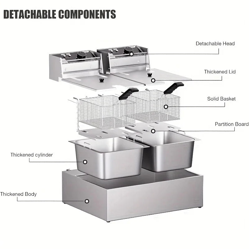 Commercial Deep Fryer, Electric Desktop Basket Fryer, 6L/12L Stainless Steel Fryer with Temperature Control