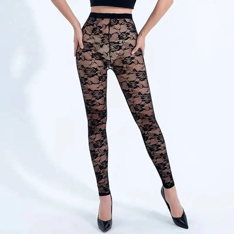 Pure Desire Style Sexy Perspective Jacquard Embroidered Lace Casual Pants Women Yoga Pants Embroidery Flower Fashion 848X