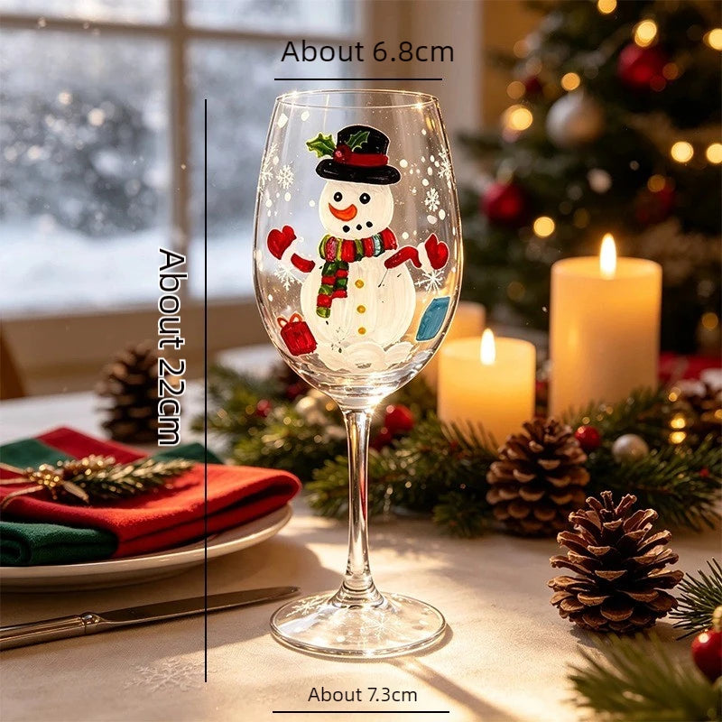1PC Christmas Hand Painted Wine Glass Creative Snowman Poinsettia Goblet Household Glass Red Wine Cup Festive Decorations
