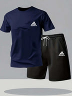 New summer fitness sportswear for men short-sleeved T-shirt and shorts two-piece set breathable and quick-drying casual wear.