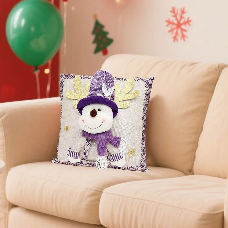 Cute Cartoon Christmas Cushion Cover Purple Sequin Santa Hat Pillowcase 3D Christmas Snowman Santa Claus Reindeer Pillowcase