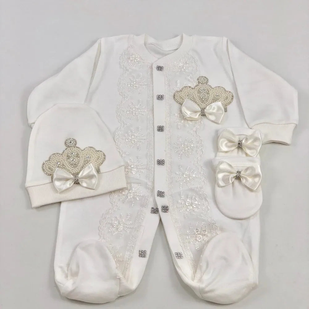 Baby Girl Coming Home Outfits Set Personalized Name Jewelry Crown Clothing Vintage Croche Infant Care Products Body Suit Pajamas