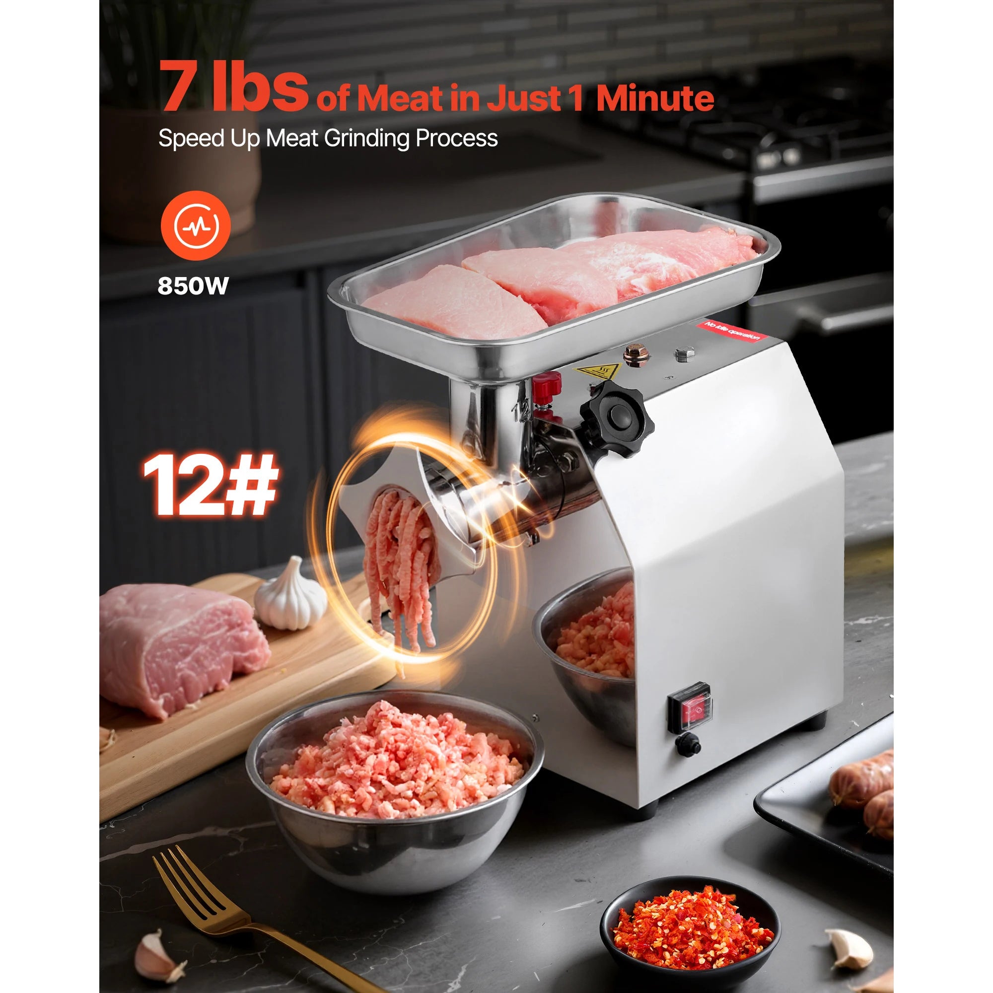 SucceBuy Commercial Electric Meat Grinder 7/5 lbs min #12/8 Industrial Meat Mincer with 2 Grinding Plates for Kitchen Restaurant