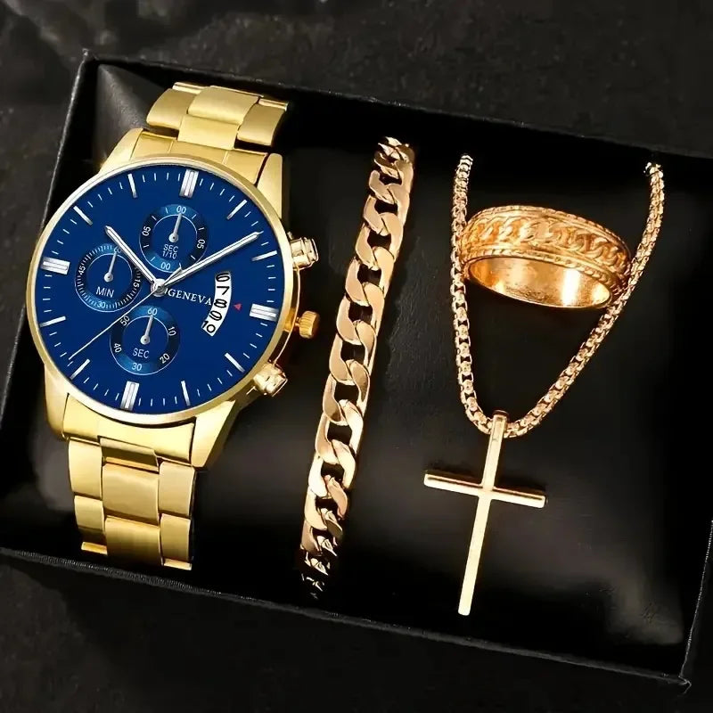 4Pcs/set Luxury Men Business Quartz Watch stainless steel Roman Calendar Wrist Watch Cross Necklace Bracelet Ring Set Men's Gift