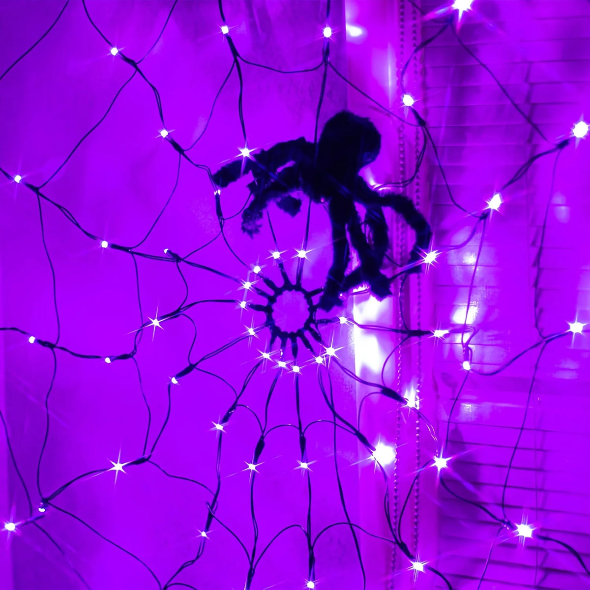 Giant Luminous LED Spider Web String Lights with Plush Spider, Creepy and Spooky Window Haunted Halloween Decorations