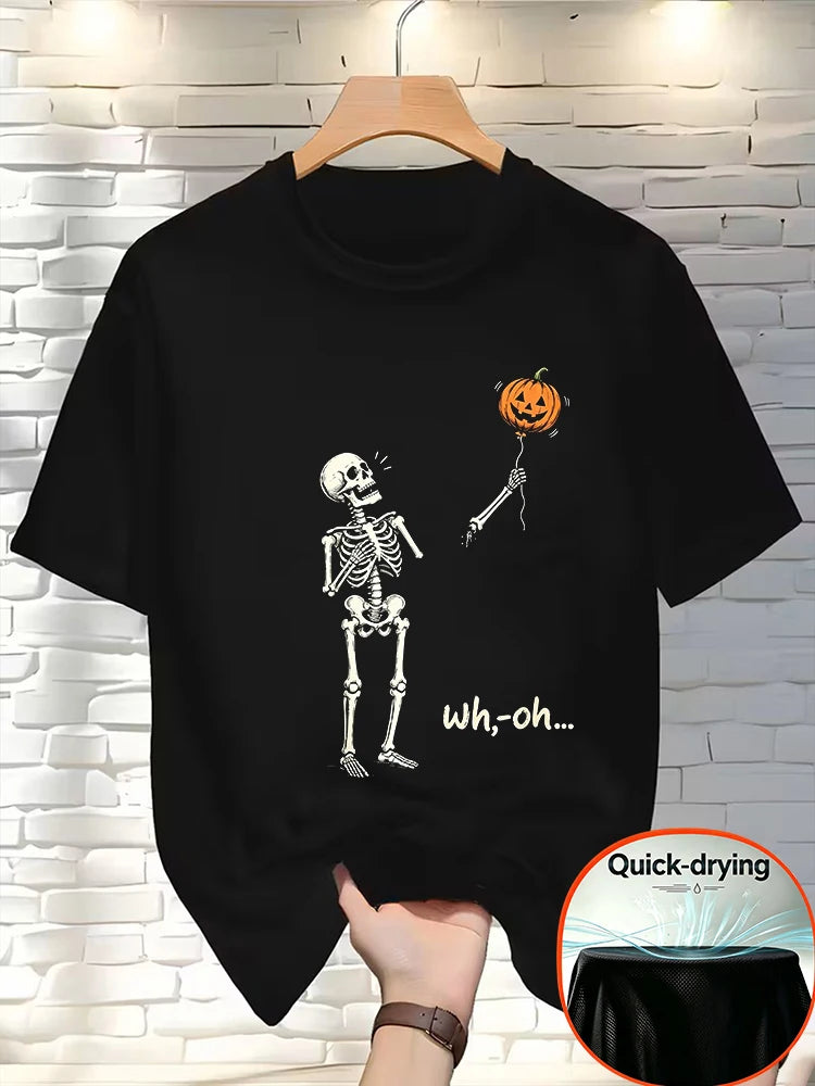 Men Halloween Skeleton Pumpkin Balloon Funny Graphic Tee Quick Dry Polyester Short Sleeve Crew Neck Casual Party T-Shirt-T121