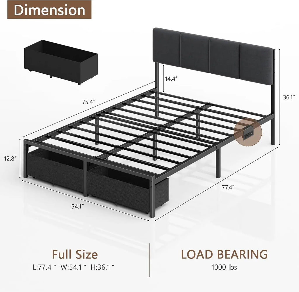 Furnulem Full Size Bed Frame with Headboard, Upholstered Full Bed Frame with LED Light, USB Charging Station, Platform Bedframe