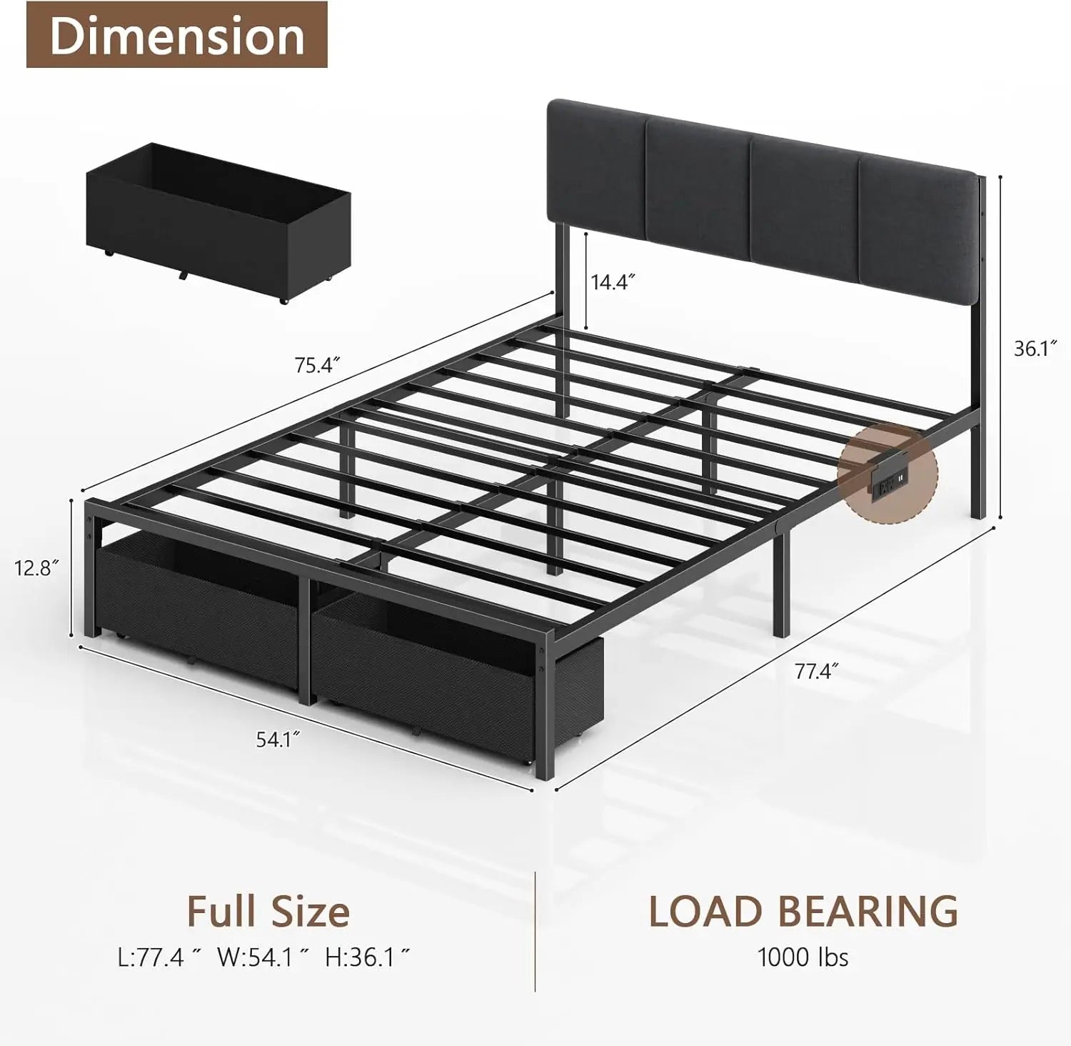 Furnulem Full Size Bed Frame with Headboard, Upholstered Full Bed Frame with LED Light, USB Charging Station, Platform Bedframe