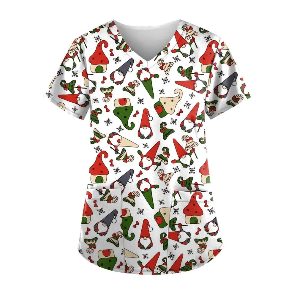 Christmas Scrubs Medical Uniforms Woman Fashion Snowman Print Summer Casual V-Neck Short Sleeve with Pockets Surgical Uniform