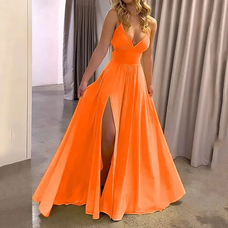 Y2k Women's Party Prom High Waisted Dress Summer Sexy Deep V-neck Suspender Dresses Ladies Fashion Solid Slit Hem Loose Vestidos