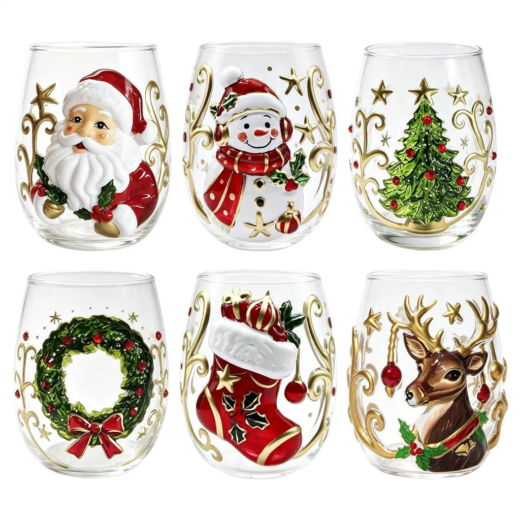 Wine Glasses Shiny Lead-Proof Seasonal Decoration Christmas 3D Santa Drink Glass for Tea Juice Cocktail Water Soda Beer Milk