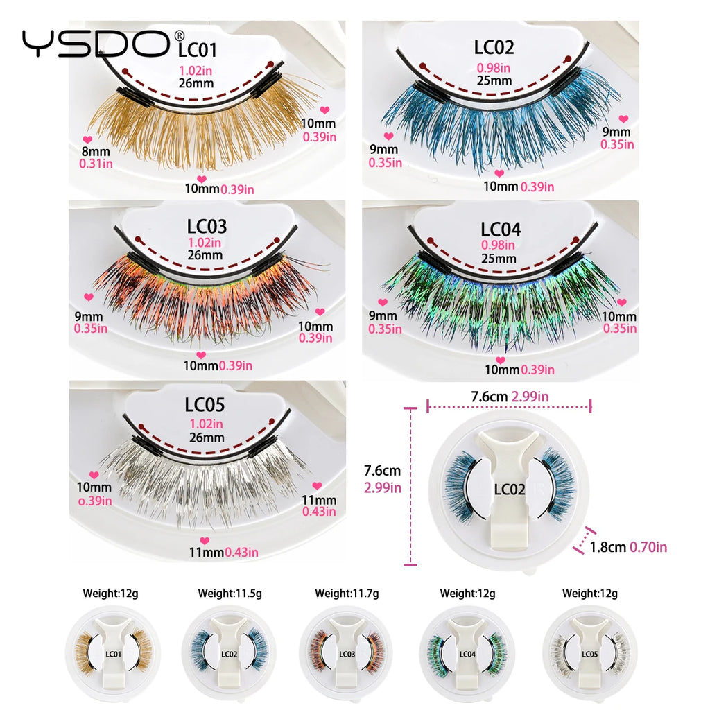 YSDO Colored Magnetic Eyelashes Natural Faux 3D Mink Lashes Reusable Makeup Party Cosplay Shiny Colorful Magnet False Lashes