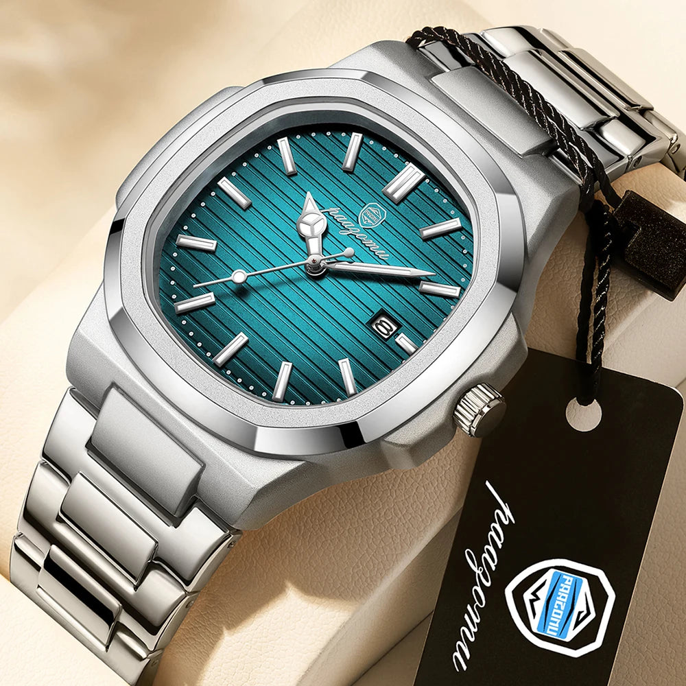 Business Men's Rose Gold Blue Striped Dial Watch Stainless Steel Strap Calendar Waterproof Quartz Sports Watch Birthday Gift