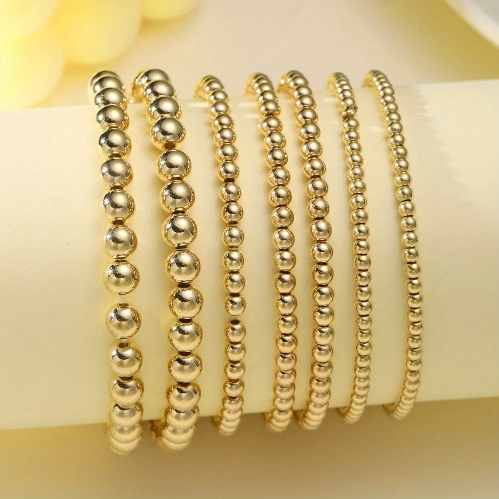 7PCS Golden Bead Bracelet Set for Women Flexible Stretch Fit, Minimalist Beaded Bangles Elegant Daily & Party Jewelry Accessory