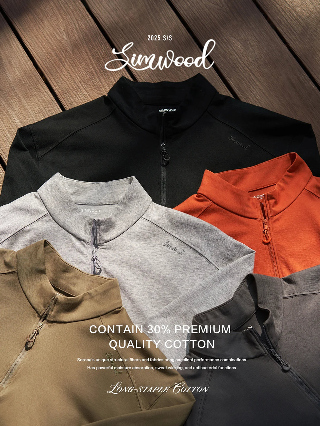 SIMWOOD 2026 Spring New Regular Fit 230gsm Breathable Sorona Fabric Long Sleeve T-shirts Men Half-zip Basic Tops