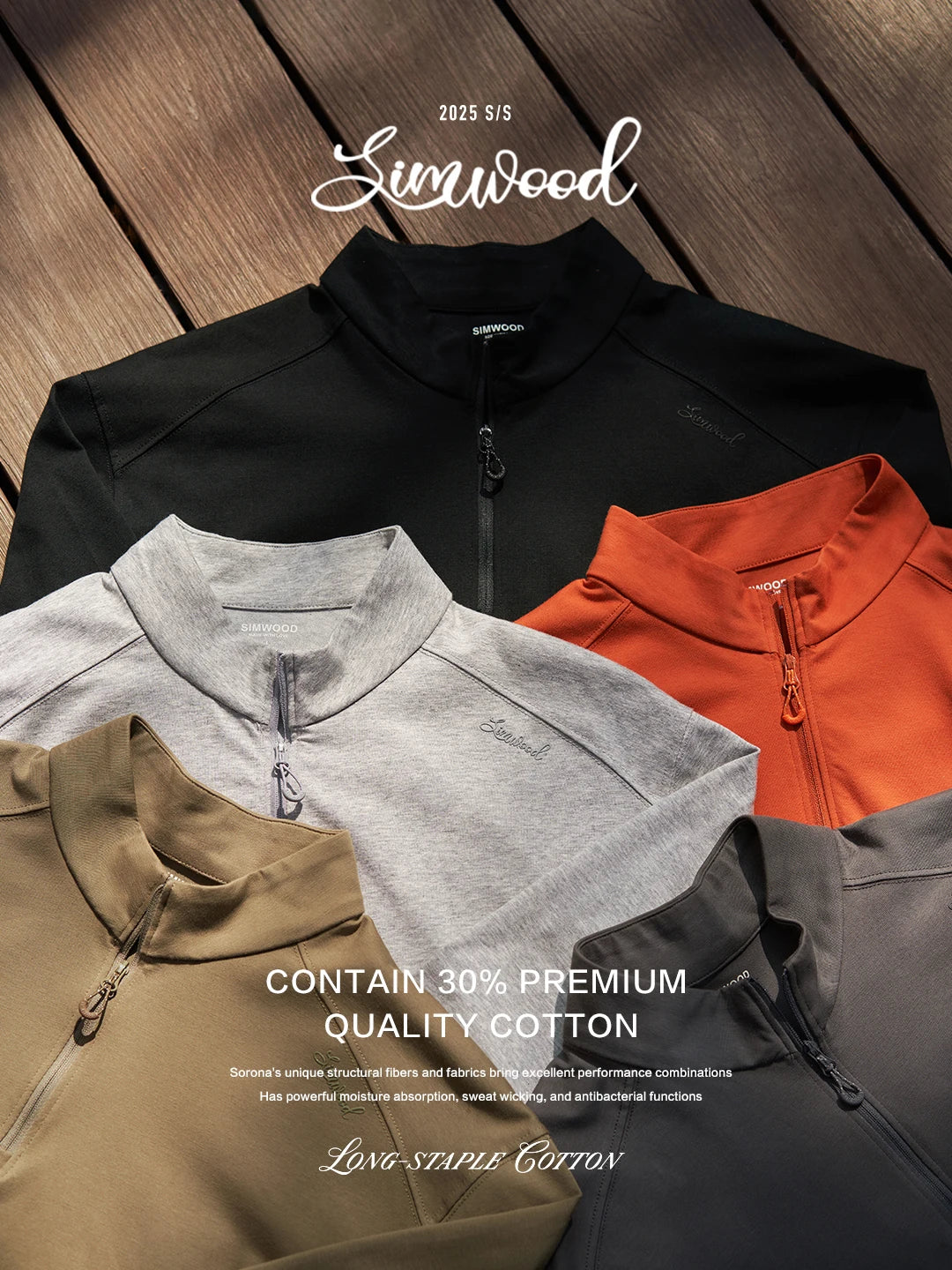 SIMWOOD 2026 Spring New Regular Fit 230gsm Breathable Sorona Fabric Long Sleeve T-shirts Men Half-zip Basic Tops