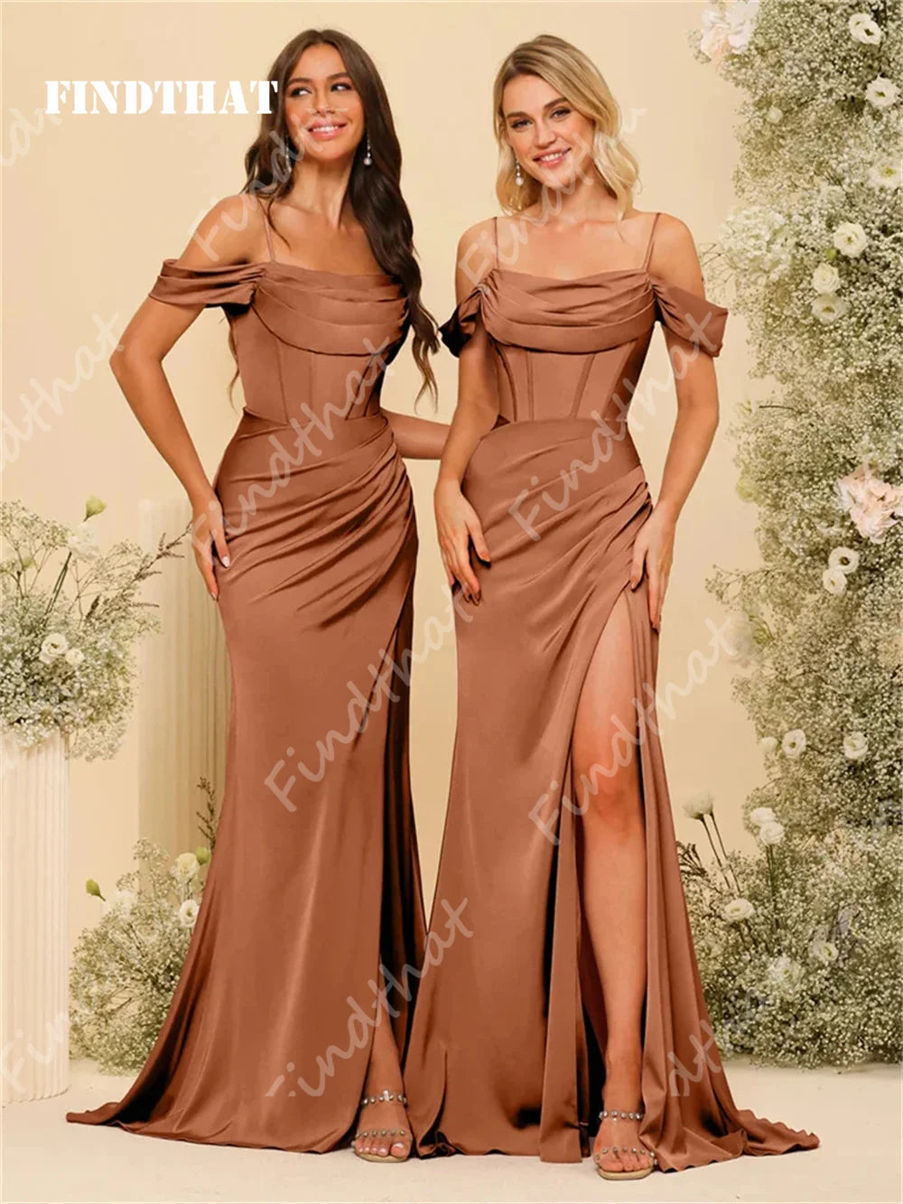 Findthat Off Shoulder Spaghetti Straps Satin Bridesmaid Dresses Elegant Zipper Back Evening Gown Wedding Guests Dress Customized