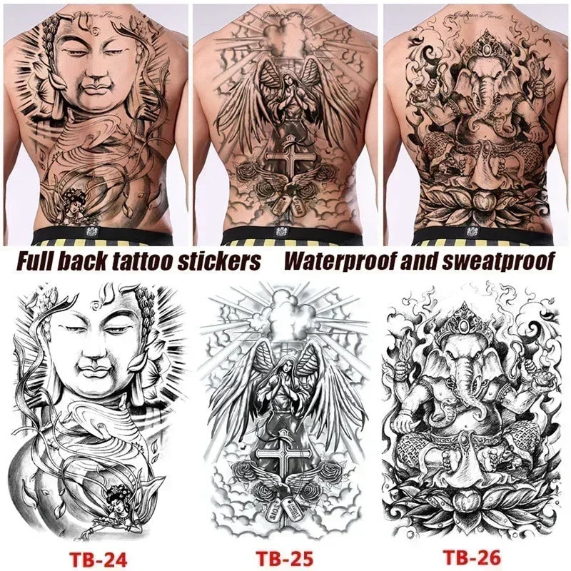 Waterproof Large Full Back Chest Tattoo Big Tattoo Stickers Fish Wolf Tiger Dragon Fairy Temporary Flash Tattoos Cool Men Women