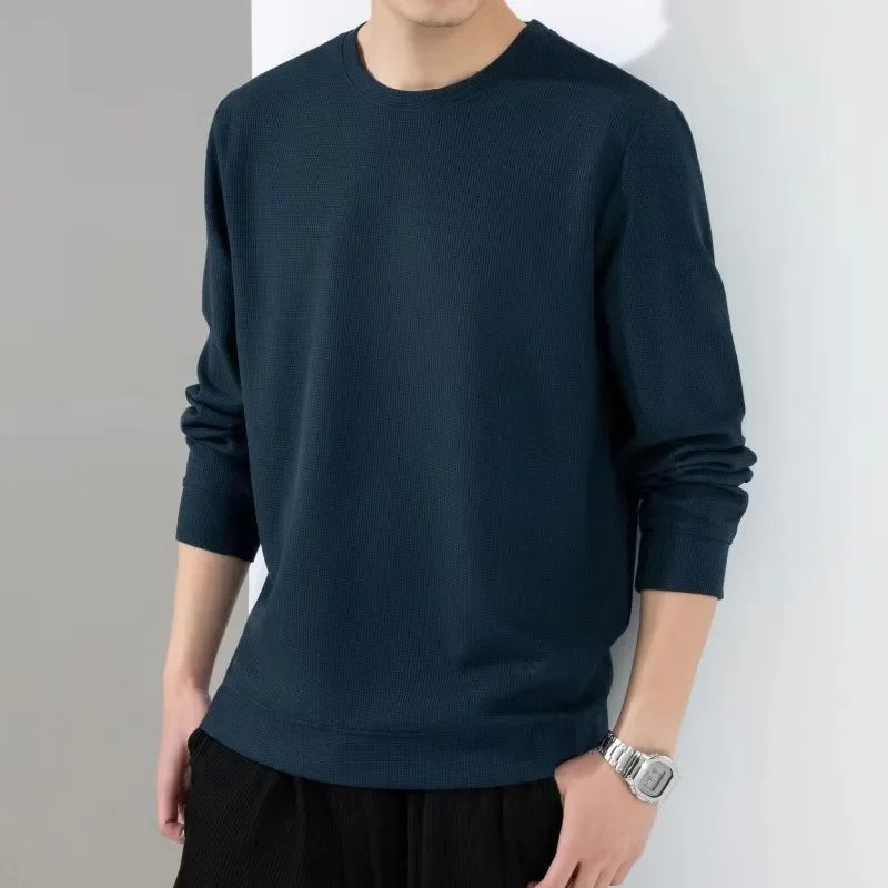 Men Long Sleeve t-Shirt Tops Fashion Waffle t Shirt o Neck Slim Fit t-Shirts Comfortable Tee Soild Casual Tshirt Man Clothing