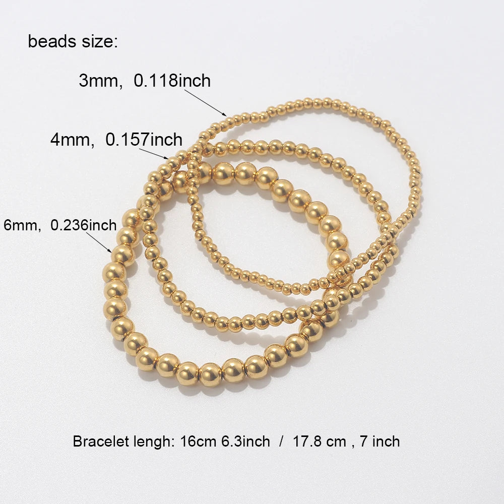 3Pcs/Set 18K Gold Plated Stainless Steel Beaded Bracelets For Women Trendy Jewelry Cuff Metal Beads Gift