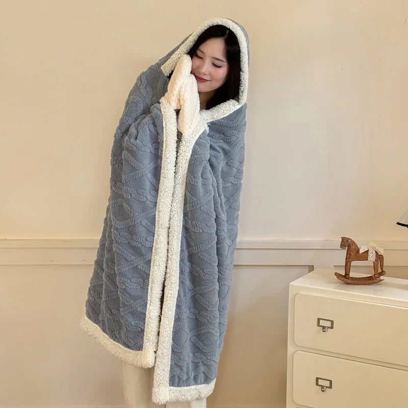 New Taffeta Fleece Hooded Blanket Warm Sherpa Lined Blankets with Giant Pocket Solid Color Skin-Friendly Office Nap Plush Cloak