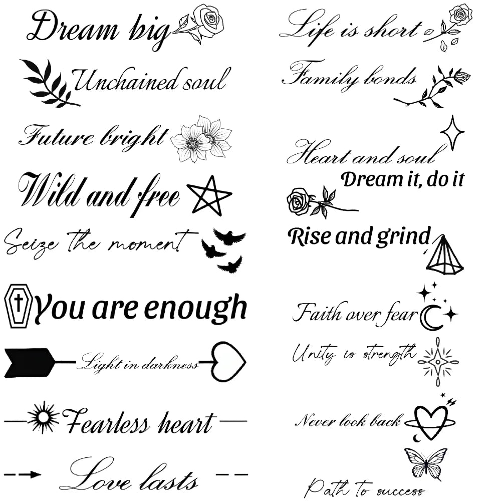 Tattoo Stickers English Word Waterproof Long Lasting Realistic Transfer Temporary Black Letters Feather Body Art For Men Women