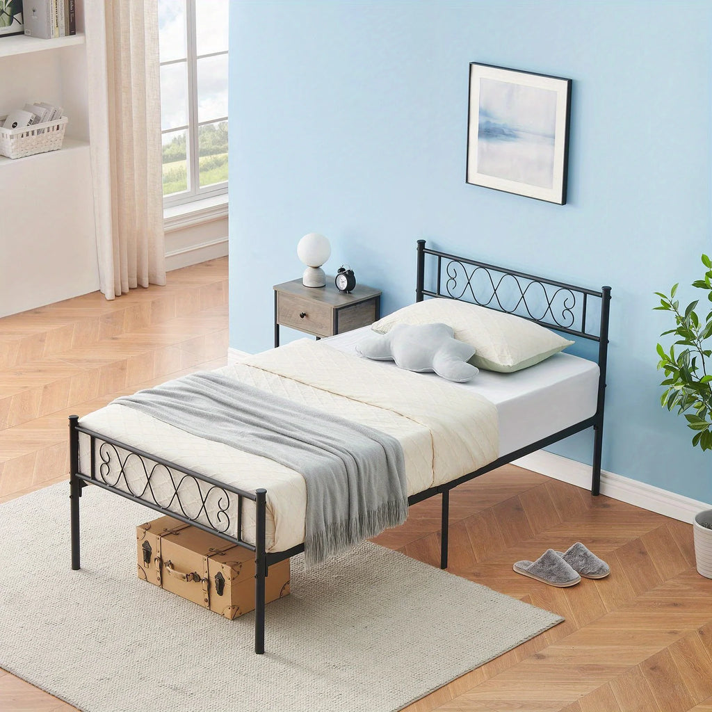 Twin-Sized Metal Bed Frame with a Headboard And Footboard Showcasing an Iron Heart Motif, Designed As a Platform Bed That Doesn