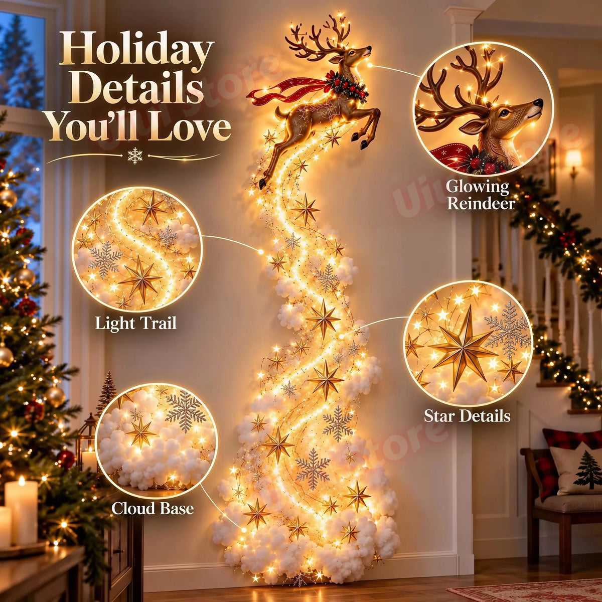 Christmas Magic Trail Wall Light, LED Cascading Holiday Decor,Warm White Glow, Space-Saving Wall Decor, Easy Wall Placement