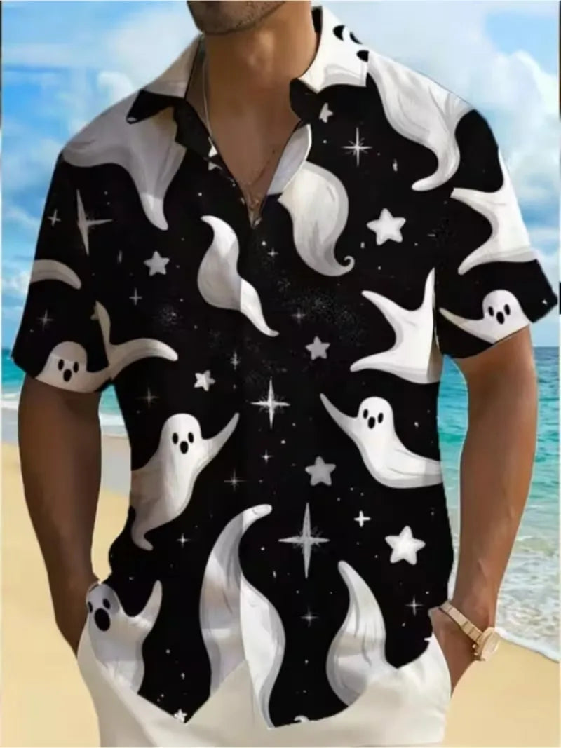 Men Halloween Headless Horseman Print Aloha Shirt Short Sleeve Button Down Spooky Pumpkin Horse Graphic Hawaiian Shirts Tops