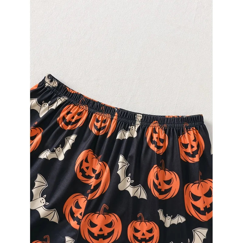 Women's Halloween Pumpkin Print Pajama Set Short Sleeve Button Up Top and Shorts Casual Sleepwear Loungewear Homewear Set