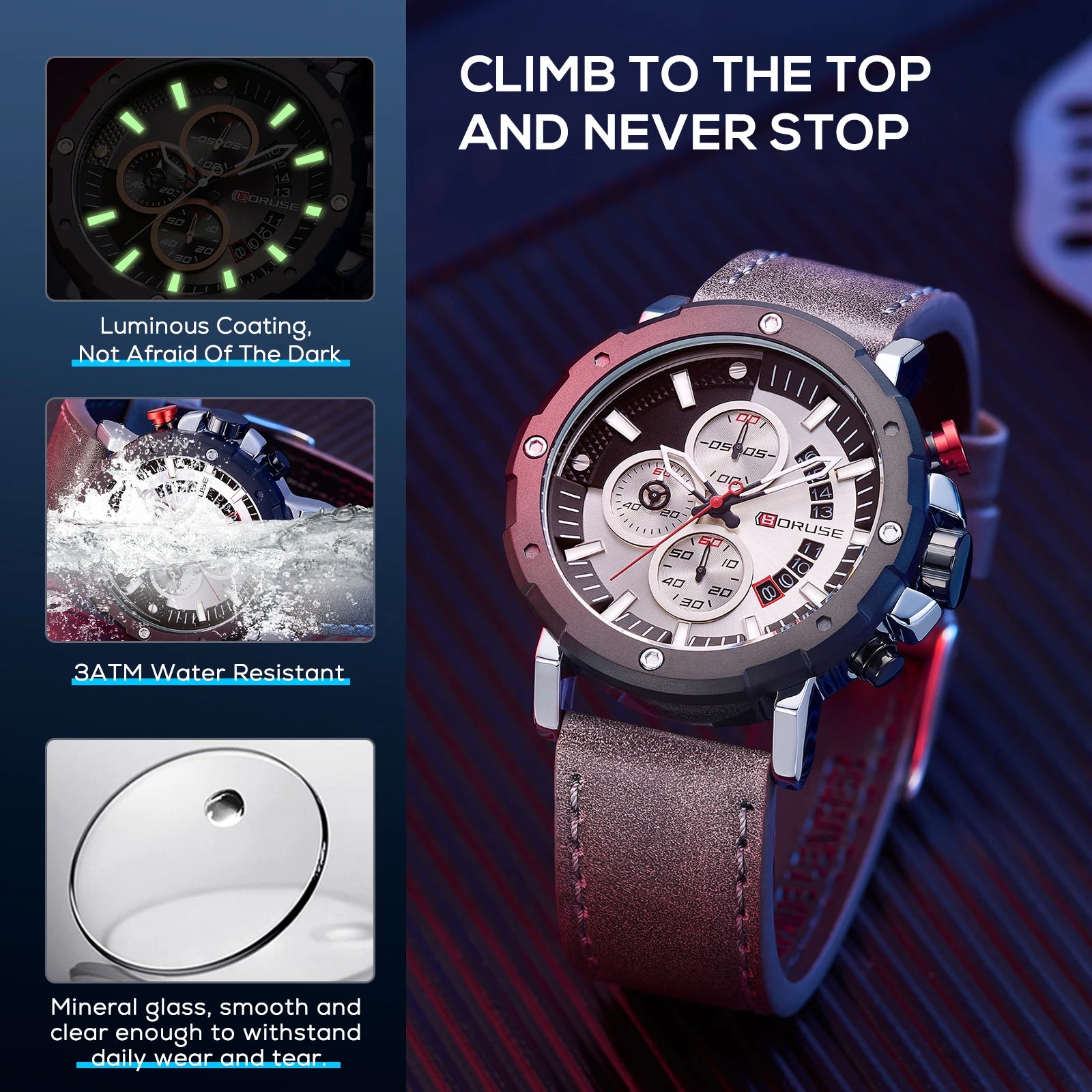 BORUSE 2 Pcs/set Fashion Simple Men's Quartz Wrist Watch Necklace  Pu Leather Strap The Perfect Gift for Men During The Holiday