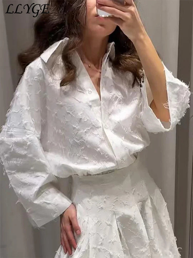 Elegant Fringe Skirts Sets 2 Pieces Women Lapel Buttons Long Sleeve Blouses Pleated A-line Long Skirts 2025 Summer Chic Outfits