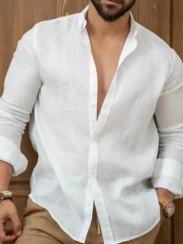 Men's Solid Color Cotton Linen Shirt Classic Button-Up Lapel Long Sleeve Loose Casual Top Spring Summer Fashion 2026