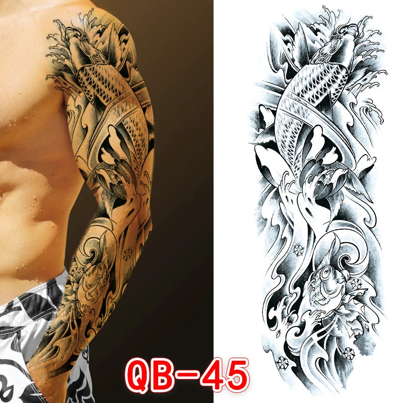 Large Arm Tattoo Sticker Full Sleeve Temporary Tattoos for Men Fish Wolf Tiger Tattoo Fake Tatoo for Women Waterproof Body Art