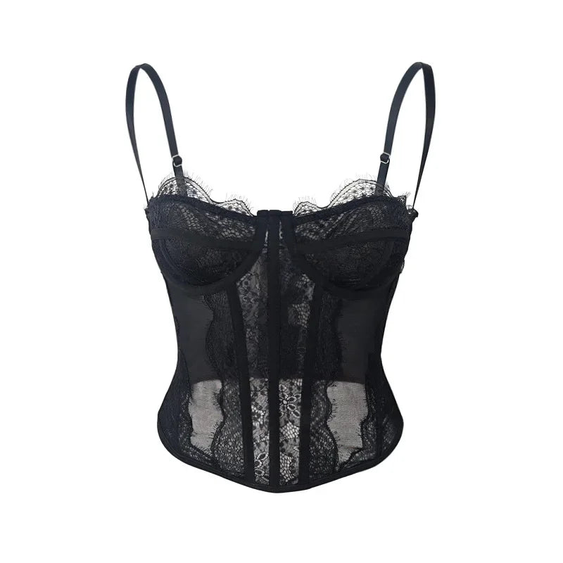 Y2k 90s Vintage Corset Sleeveless Crop Top Ladies Chic Lace Trim Snug Fitting Bustier Sexy Bodycon Camisole Camisole Corset Top