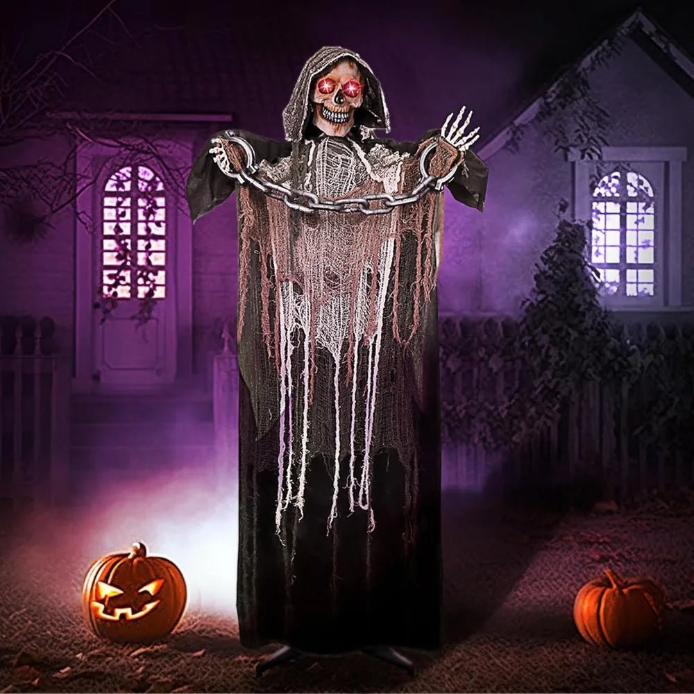 67''Halloween Decorations Outdoor Life Size Animatronics Grim Reaper with Chain Sound-Actived Party Decor with Creepy Sound Scary House Props for Garden Yard Lawn